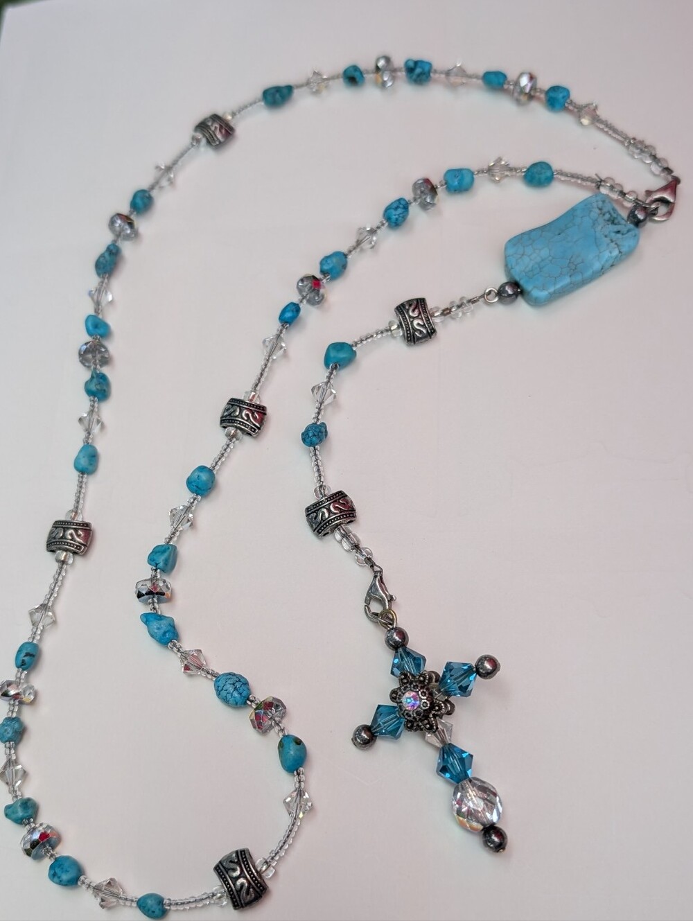 Vintage Rosary Necklace Turquoise & Crystal Handmade 925